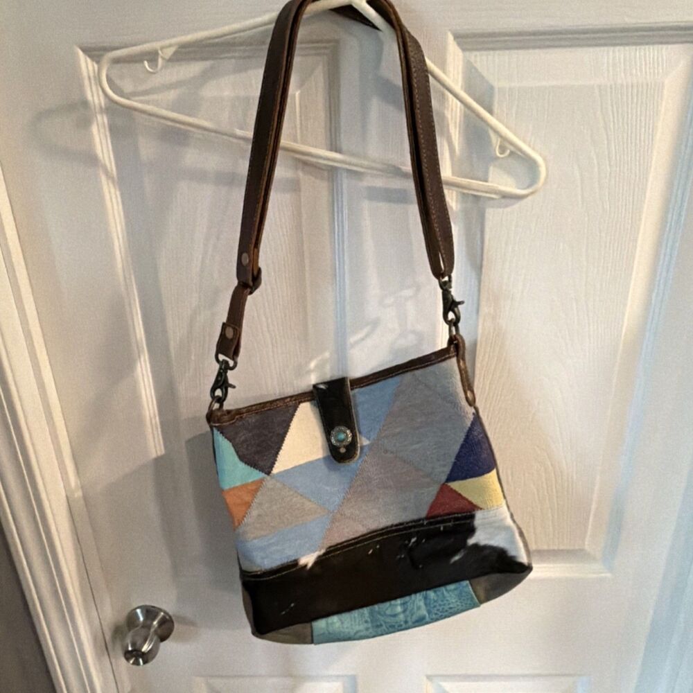 Myra Multicolor Geometric Shoulder Bag, Cowhide & Turquoise Accent, Brown Leath…